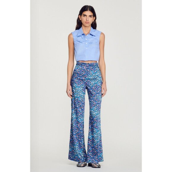 Sandro | Donelo Satin Floral Print Flare Pants In Purple/Blue - Picture 2 of 16
